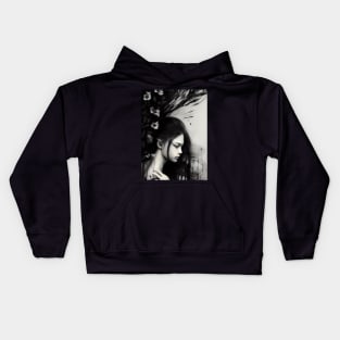 Sad girl, gothic style ink art Kids Hoodie